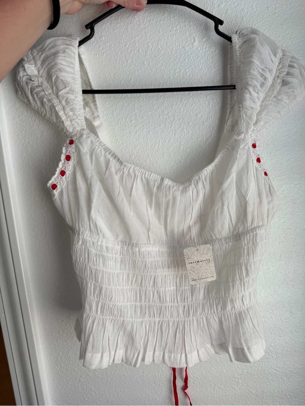 Free People White Smocked Ruffle Cropped Camisole with Red Button Accents